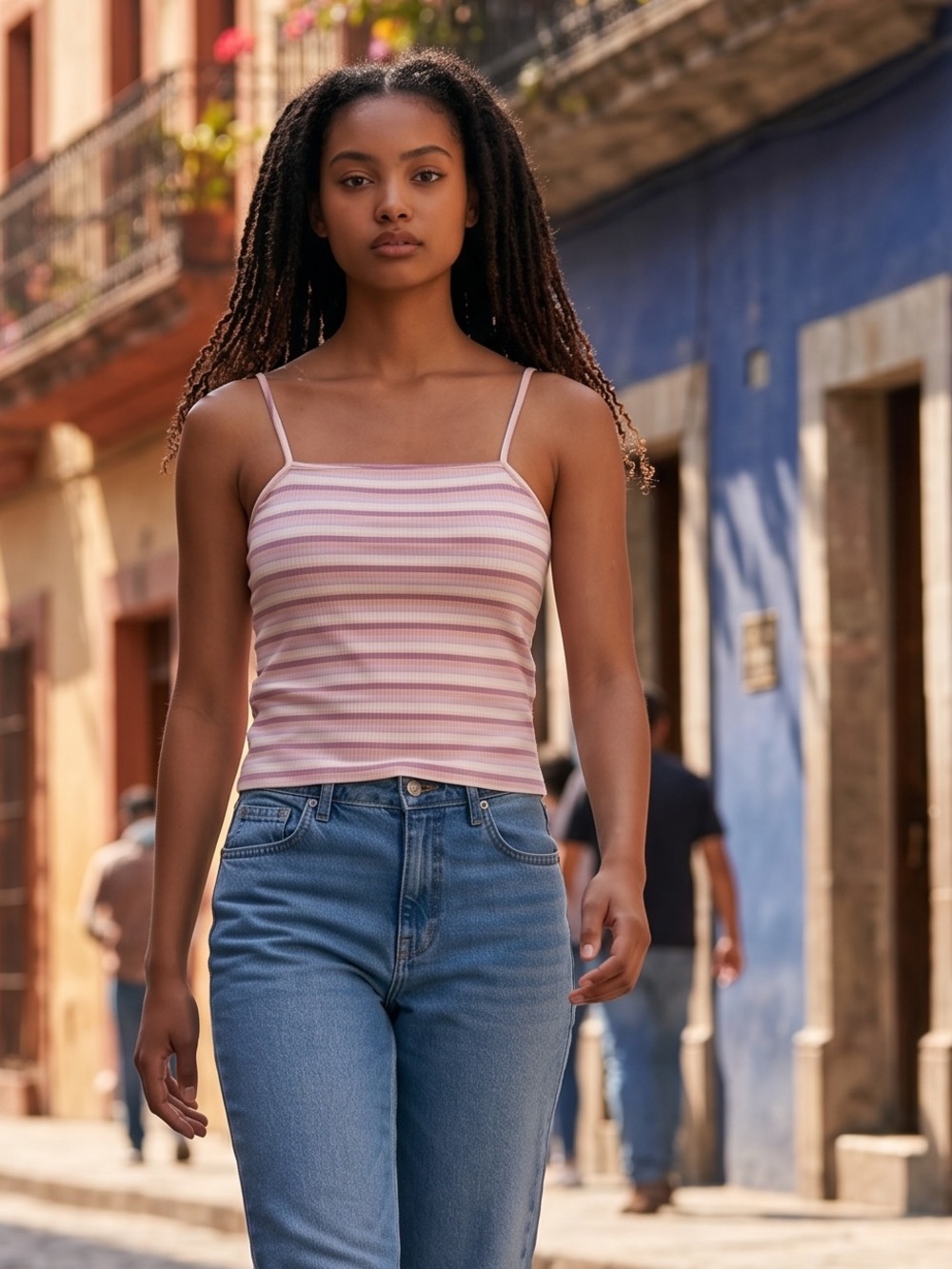 A.E  Women's Striped Bungee-Strap Crop Pink Cami / Tank Top